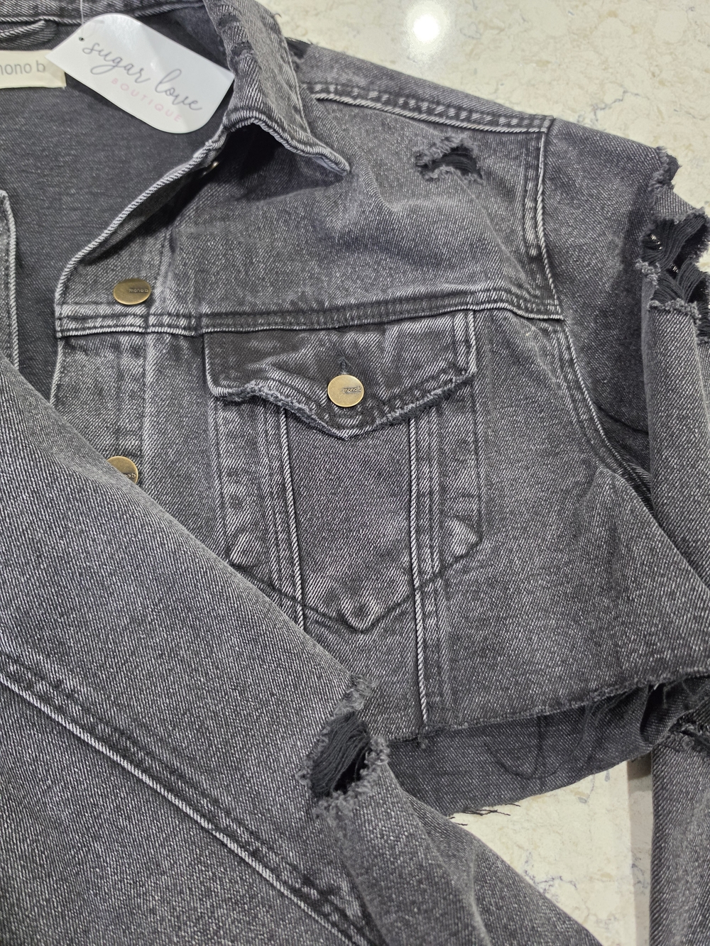Mono B Distressed Black Washed Cropped Denim Jacket - Picture 3 of 6